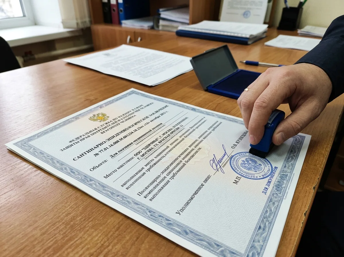 Санитарно-эпидемиологическое заключение Роспотребнадзора для медицинского учреждения, официальный документ, печать и подпись уполномоченного лица